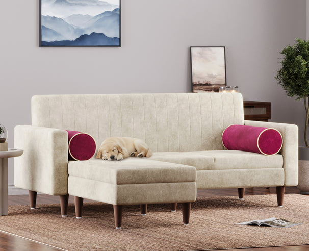 Austin - L shape Neem Wood Sofa in Stain&Water Resistant Velvet - Cream