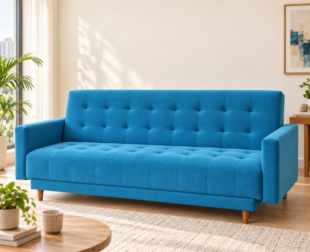 Uberlyfe Cardiff-Eco 3 Seater Wooden Click-Clack Sofa Bed, Brilliant Blue, Soft Velvet