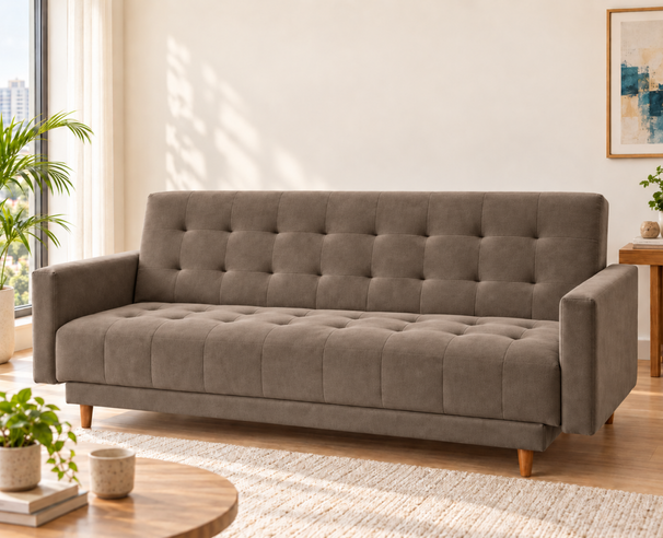 Uberlyfe Cardiff-Eco 3 Seater Wooden Click-Clack Sofa Bed, Cedar Brown, Soft Velvet