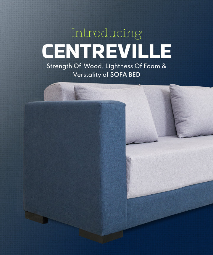 Blue sofa bed with wood base