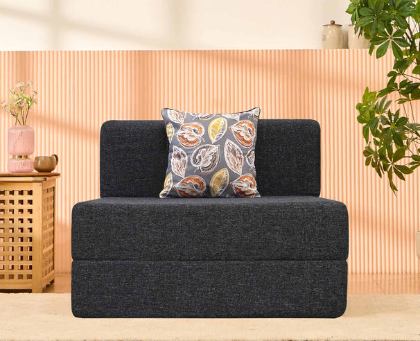 Jute Sofa Bed, Dark Grey | 3 x 6.5, Single Seater | Fallen Leaves Cushions