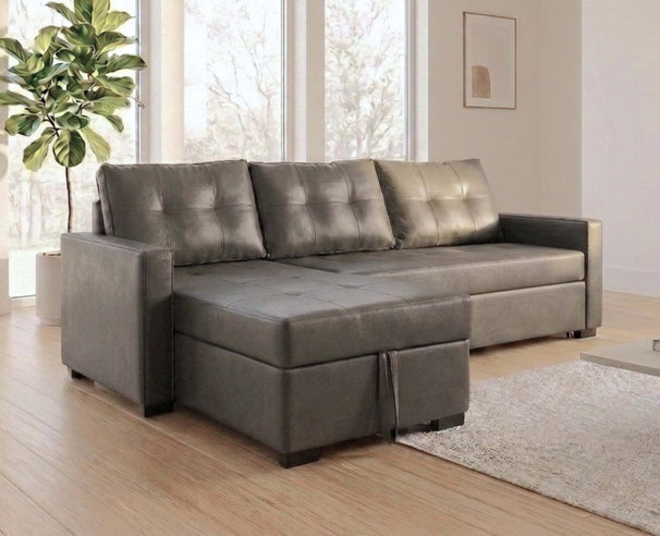 Uberlyfe 5 Seater L-Type Sofa cum Bed with Storage | Vegan Leather, Earth Grey