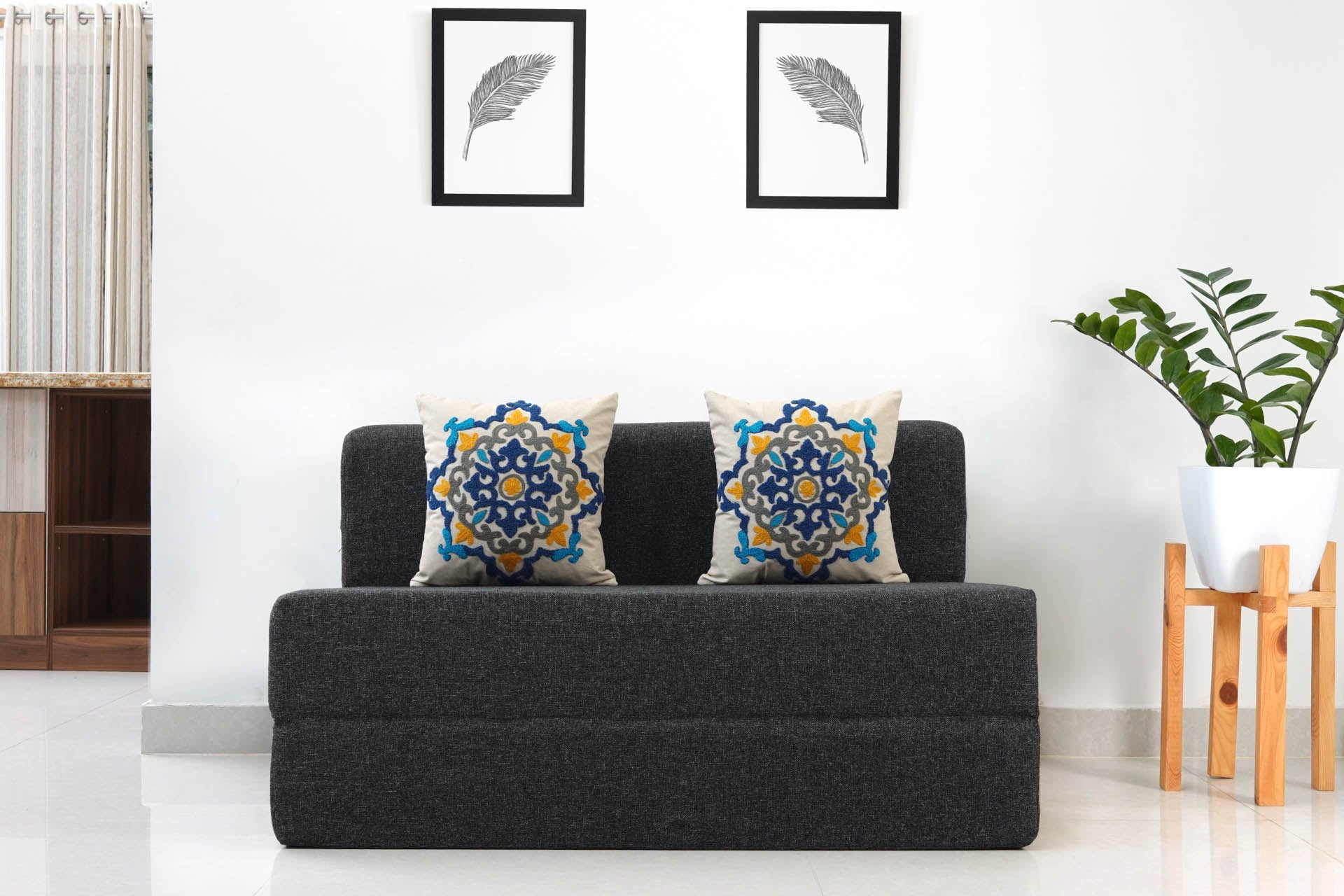 Jute Sofa Bed, Dark Grey | 4 x 6, Double Seater | 2 Blue Medallion Cushions