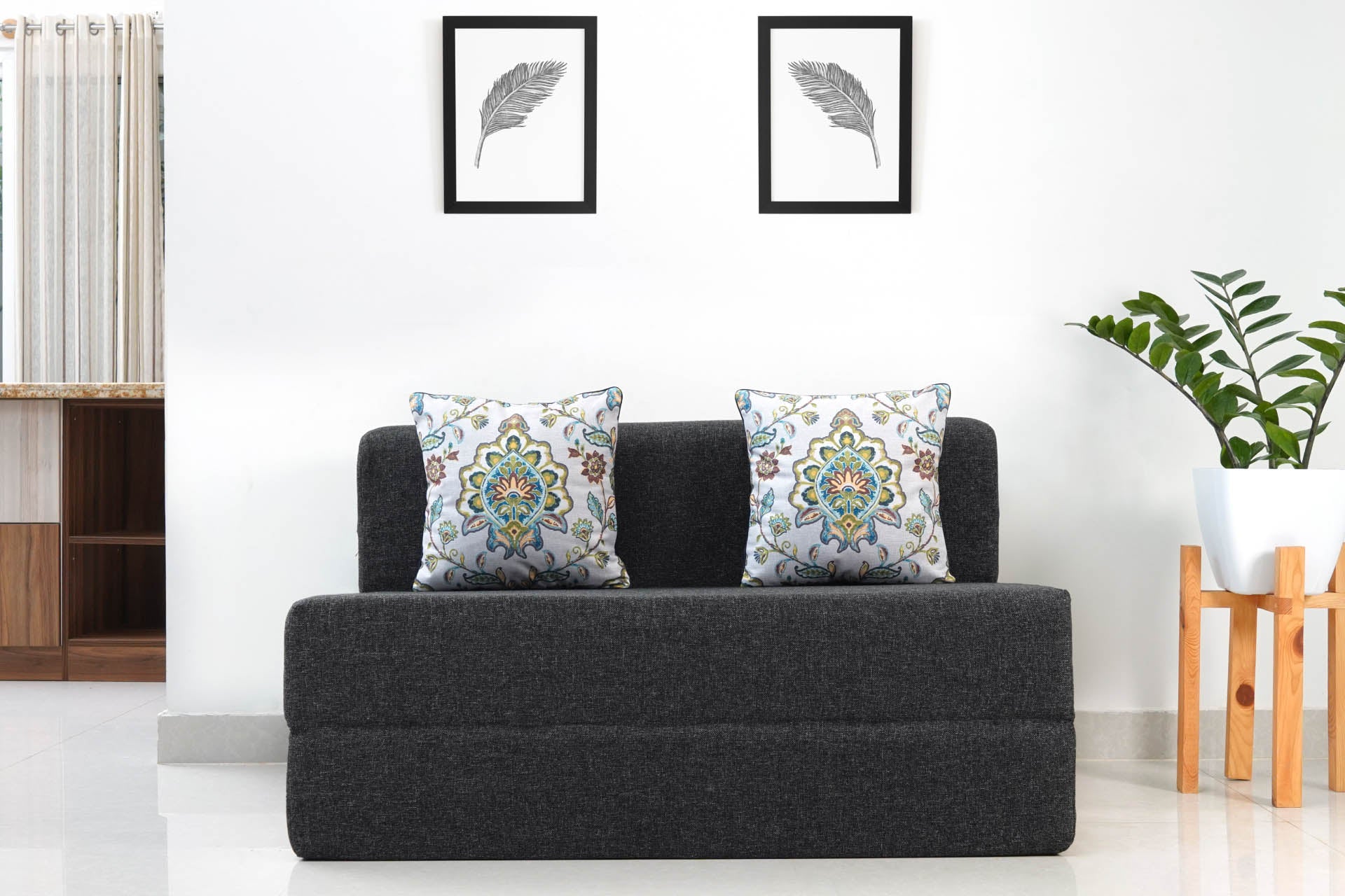 Jute Sofa Bed, Dark Grey | 4 x 6, Double Seater | 2 Green Morpanki Cushions