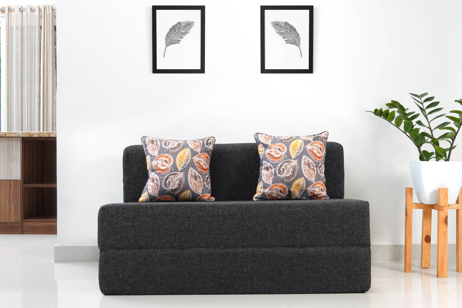 Jute Sofa Bed, Dark Grey | 4 x 6, Double Seater | 2 Fallen Leaves Cushions