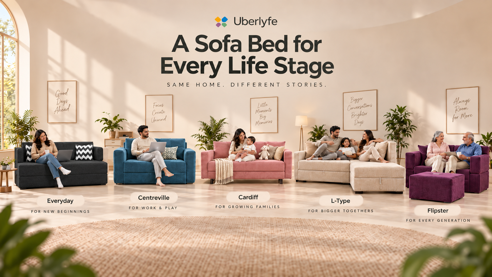 Uberlyfe sofa bed set shown in five different color options (black, blue, pink, beige, purple) in a bright, modern living room setting. Each sofa bed is styled with people sitting on it to demonstrate its versatility, with labels underneath indicating different layouts like Everyday, Centreville, Cardiff, L-Type, and Flipster.