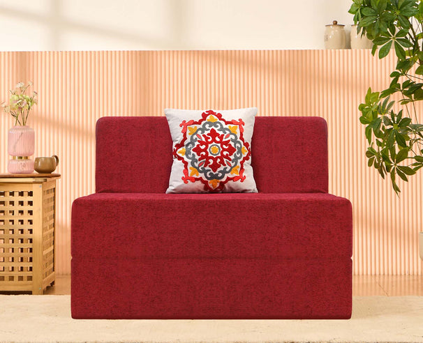 Molfino Sofa Bed, Maroon | 3 x 6, Single Seater | Red Medallion Cushions