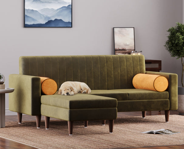Austin - L shape Neem Wood Sofa in Stain&Water Resistant Velvet - Olive Green