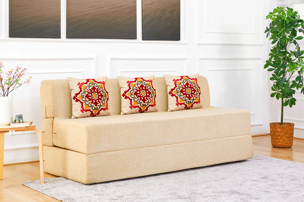 Jute Jumbo Sofa Bed, Beige | 6.5 x 6.5, Three Seater | 3 Red Medallion Cushions