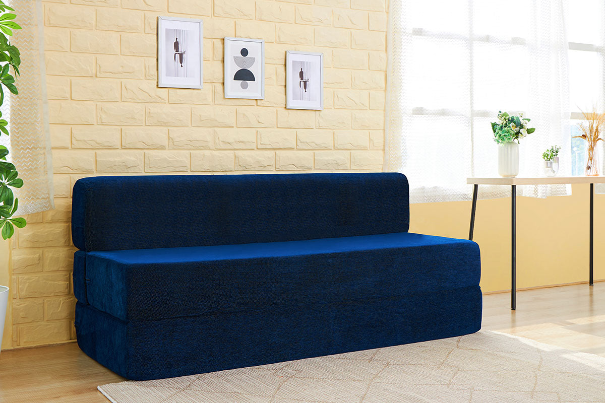 Chenille Jumbo Sofa Bed, Dotted Blue | 6.5 x 6.5, Three Seater