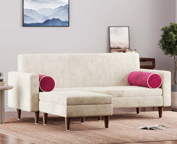 Austin - L shape Neem Wood Sofa in Stain&Water Resistant Velvet - Cream