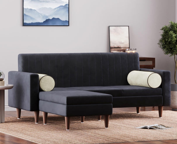 Austin - L shape Neem Wood Sofa in Stain&Water Resistant Velvet - Charcoal Grey