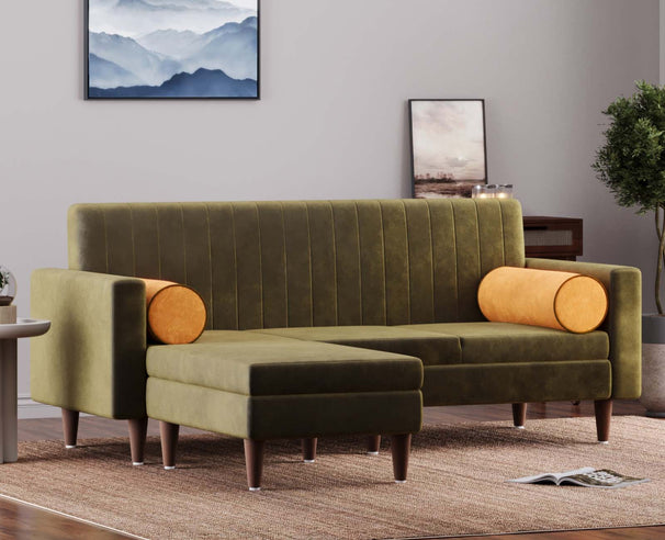 Austin - L shape Neem Wood Sofa in Stain&Water Resistant Velvet - Olive Green