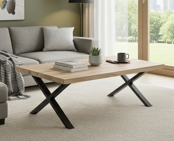 Uberlyfe Coffee Table, Cedar Wood Finish, Metal Legs, Large