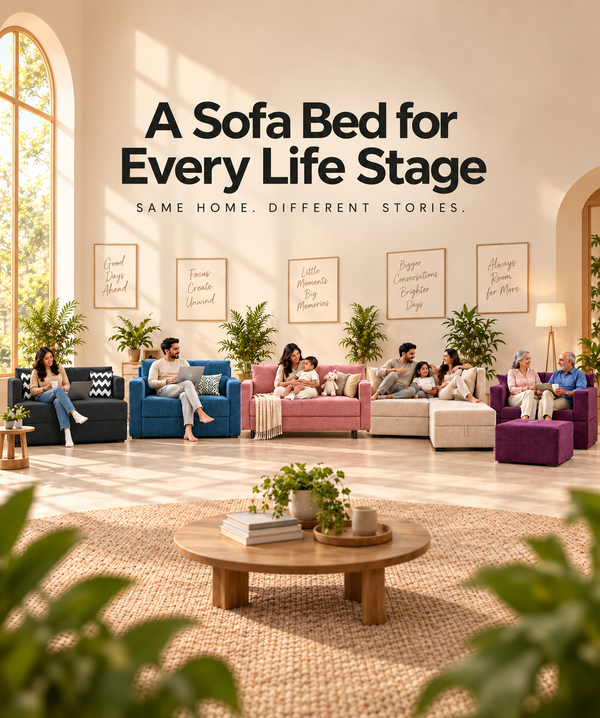 different models or designs of sofa cum beds showing how different life stages require different type of furniture. 
