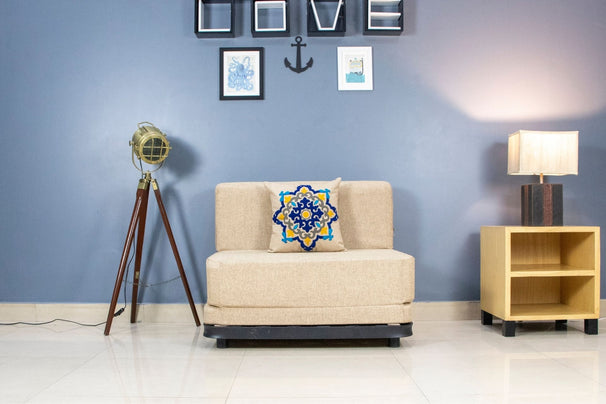 Modern Jute Sofa Bed with Metal Frame|3 * 6, Single Seater| with Blue Medallion Cushions