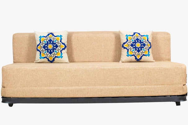 Jute Sofa Bed with Metal Frame, Beige | 6 x 6, Three Seater | Blue Medallion Cushions