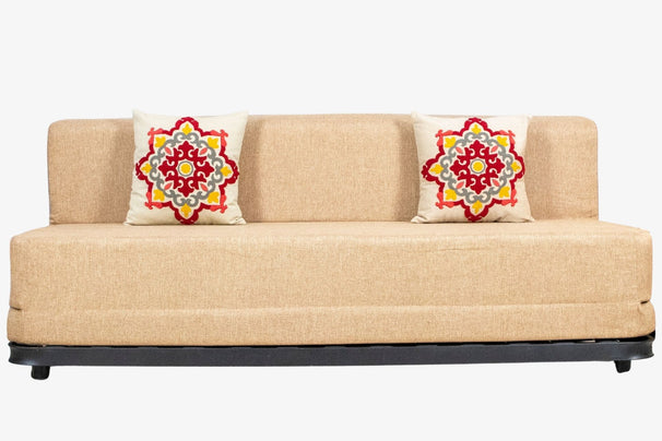 Jute Sofa Bed with Metal Frame, Beige | 6 x 6, Three Seater | Red Medallion Cushions